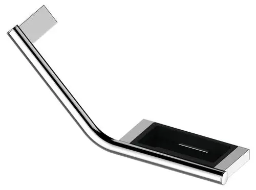 Haltegriff von Keuco mit integrierter Seifenablage. Verchromte Oberfläche mit schwarzgrauem Ablagenbereich, links montierbar. Funktionalität trifft modernes Design.